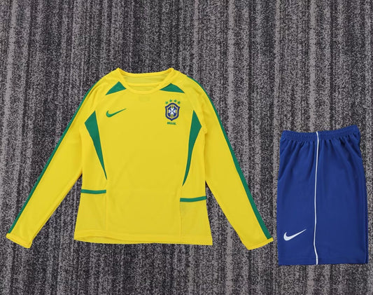 Retro Brazil Home Long Sleeve Kids Football Jersey 2002