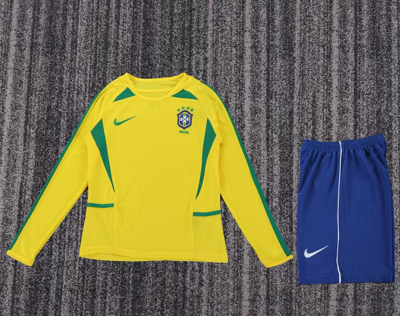 Retro Brazil 2002 Kids Home Long Sleeve Football Jersey