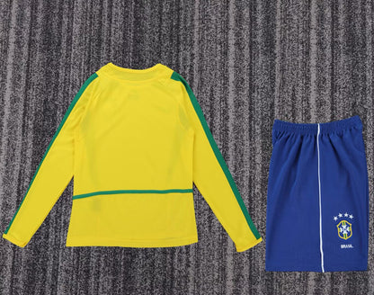 Retro Brazil 2002 Kids Home Long Sleeve Football Jersey